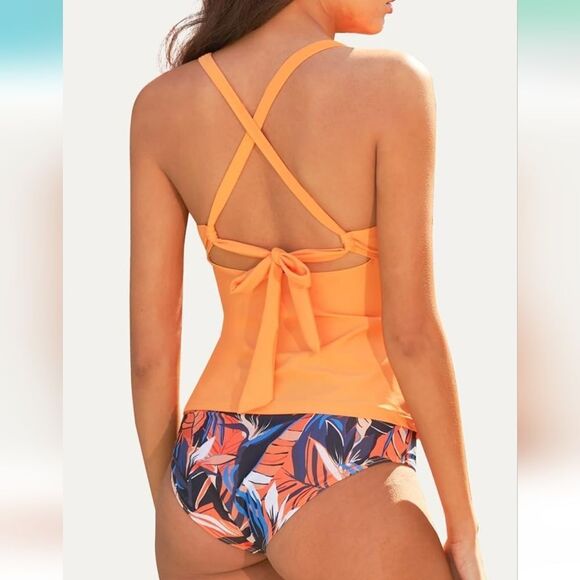 NWT Tankini Top with High Waist Bottoms Cross Strap Tie Back - Picture 4 of 8